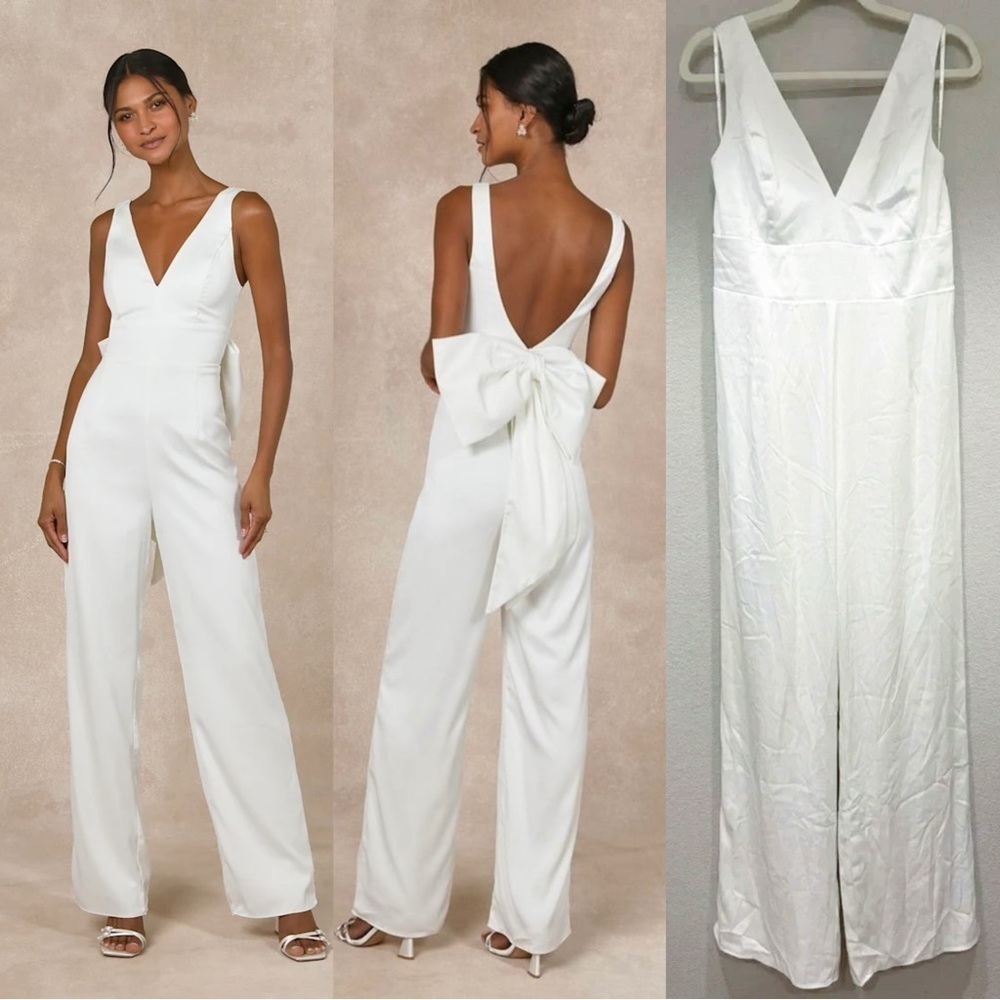 Size XL - Lulus Angelic Aesthetic‎ Ivory Satin Bow Back Sleeveless Jumpsuit